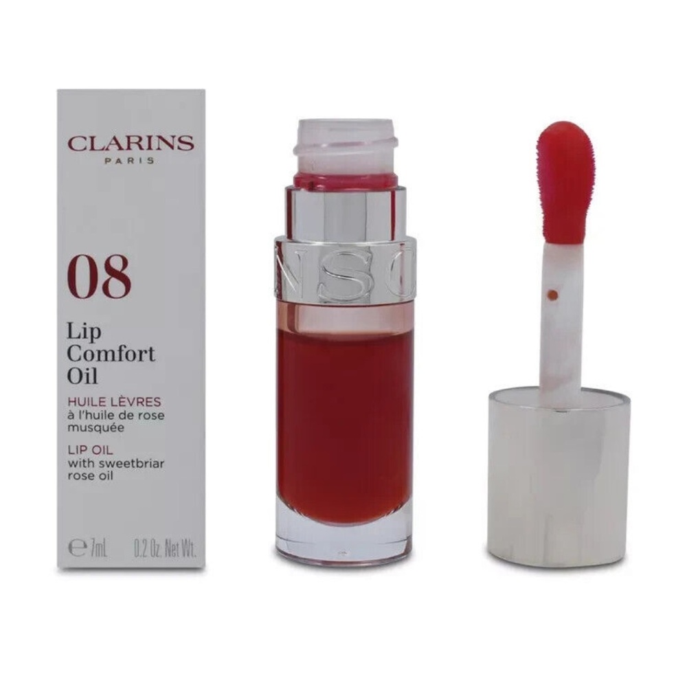 Clarins Lip Comfort Oil 08 Strawberry Sweetbriar Rose Oil Red Lip Balm 7ml NIB
